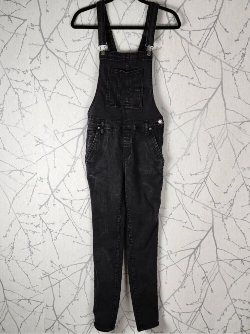 Silver Black Wash Stretch Denim Skinny Overalls